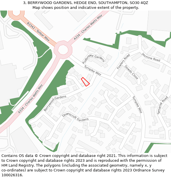 3, BERRYWOOD GARDENS, HEDGE END, SOUTHAMPTON, SO30 4QZ: Location map and indicative extent of plot