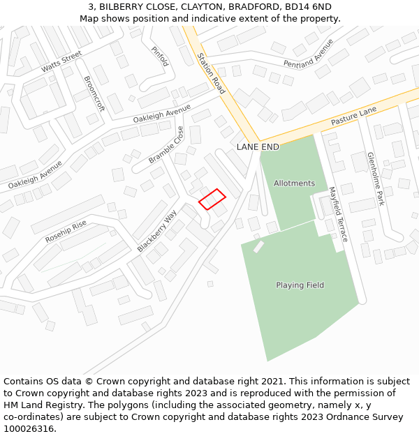 3, BILBERRY CLOSE, CLAYTON, BRADFORD, BD14 6ND: Location map and indicative extent of plot