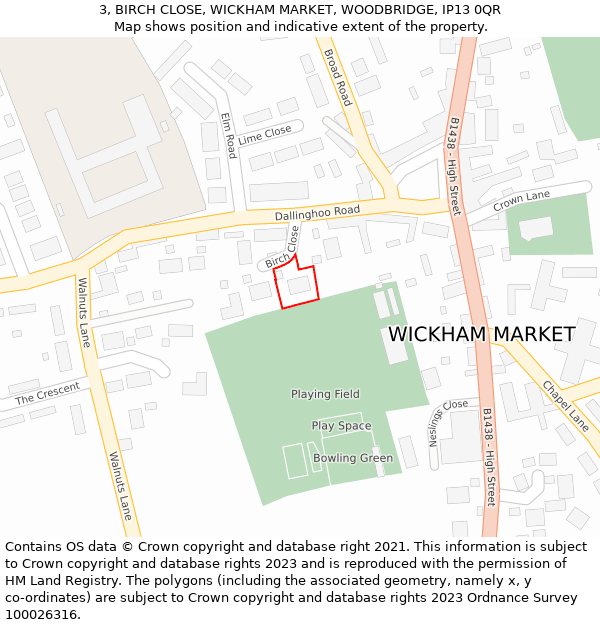 3, BIRCH CLOSE, WICKHAM MARKET, WOODBRIDGE, IP13 0QR: Location map and indicative extent of plot