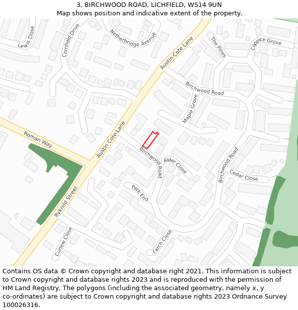 3, BIRCHWOOD ROAD, LICHFIELD, WS14 9UN: Location map and indicative extent of plot