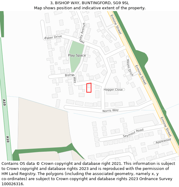 3, BISHOP WAY, BUNTINGFORD, SG9 9SL: Location map and indicative extent of plot