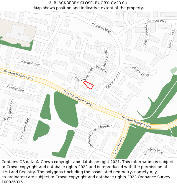 3, BLACKBERRY CLOSE, RUGBY, CV23 0UJ: Location map and indicative extent of plot