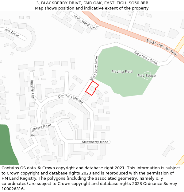 3, BLACKBERRY DRIVE, FAIR OAK, EASTLEIGH, SO50 8RB: Location map and indicative extent of plot