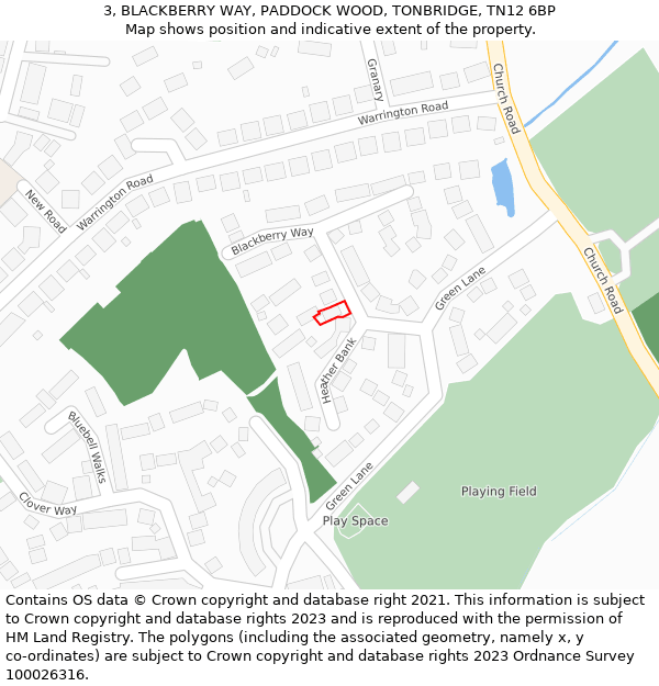 3, BLACKBERRY WAY, PADDOCK WOOD, TONBRIDGE, TN12 6BP: Location map and indicative extent of plot