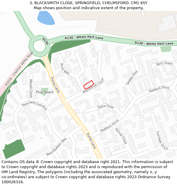 3, BLACKSMITH CLOSE, SPRINGFIELD, CHELMSFORD, CM1 6SY: Location map and indicative extent of plot