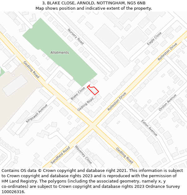 3, BLAKE CLOSE, ARNOLD, NOTTINGHAM, NG5 6NB: Location map and indicative extent of plot