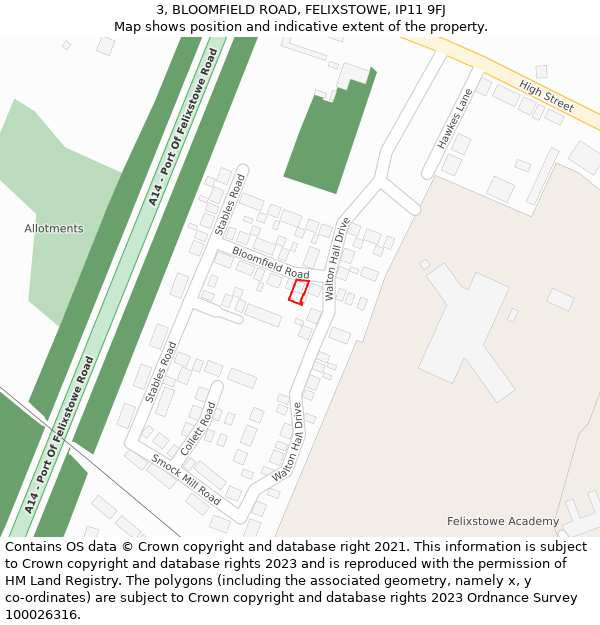 3, BLOOMFIELD ROAD, FELIXSTOWE, IP11 9FJ: Location map and indicative extent of plot