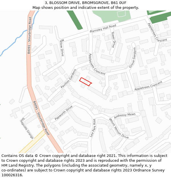 3, BLOSSOM DRIVE, BROMSGROVE, B61 0UF: Location map and indicative extent of plot