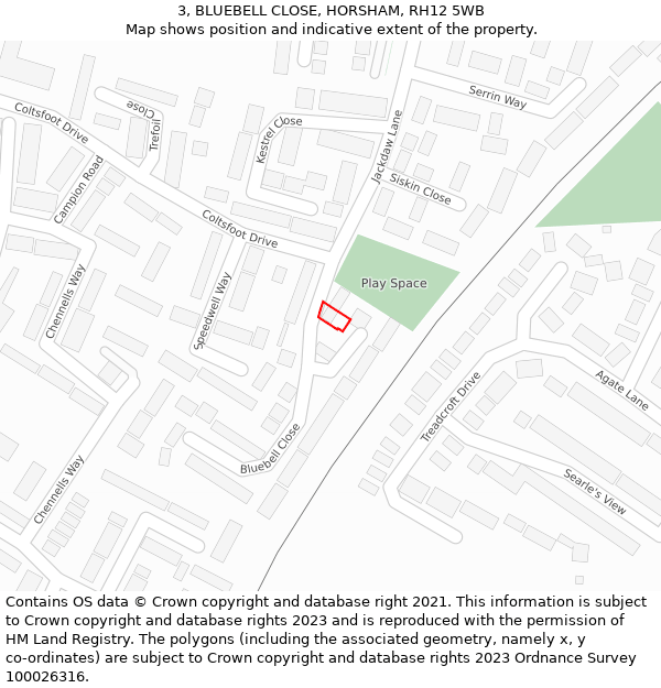 3, BLUEBELL CLOSE, HORSHAM, RH12 5WB: Location map and indicative extent of plot