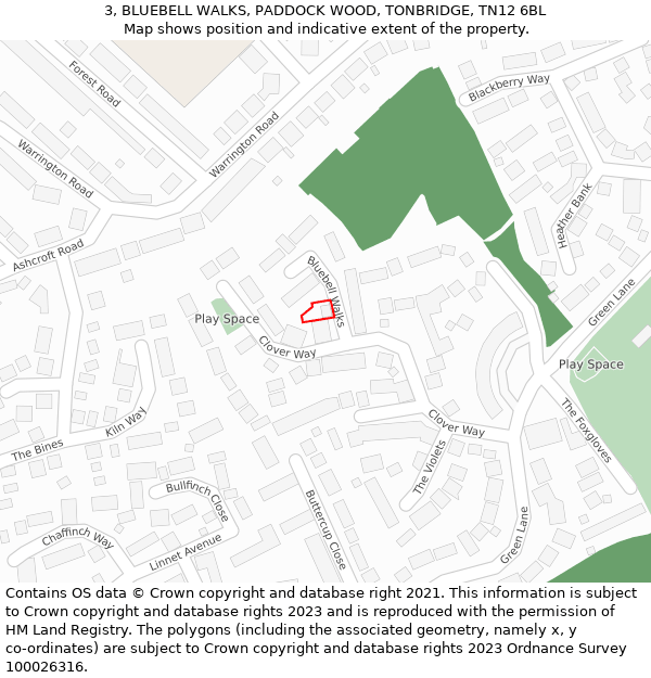 3, BLUEBELL WALKS, PADDOCK WOOD, TONBRIDGE, TN12 6BL: Location map and indicative extent of plot