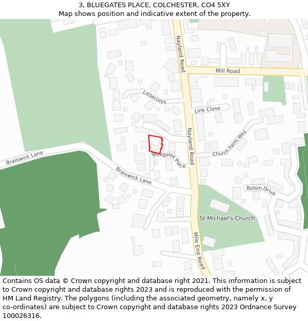 3, BLUEGATES PLACE, COLCHESTER, CO4 5XY: Location map and indicative extent of plot