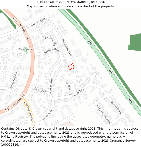 3, BLUETAIL CLOSE, STOWMARKET, IP14 5GA: Location map and indicative extent of plot