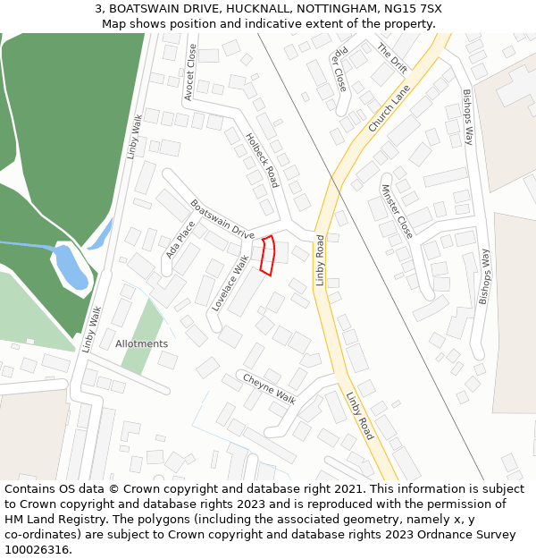 3, BOATSWAIN DRIVE, HUCKNALL, NOTTINGHAM, NG15 7SX: Location map and indicative extent of plot
