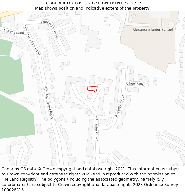 3, BOLBERRY CLOSE, STOKE-ON-TRENT, ST3 7FP: Location map and indicative extent of plot