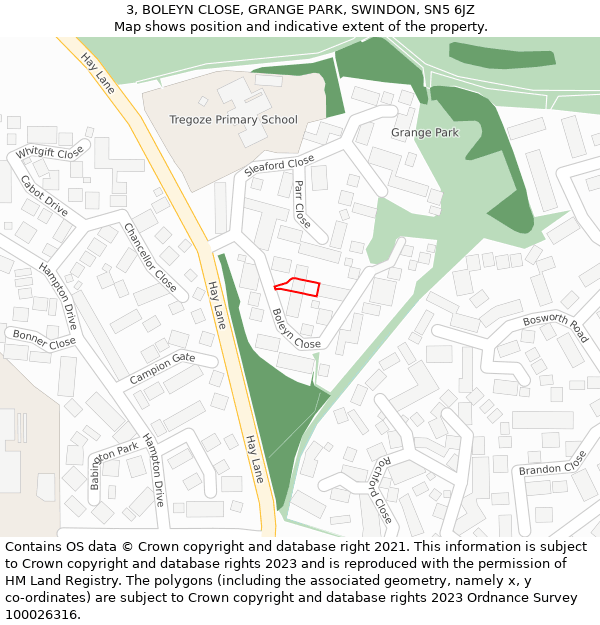 3, BOLEYN CLOSE, GRANGE PARK, SWINDON, SN5 6JZ: Location map and indicative extent of plot