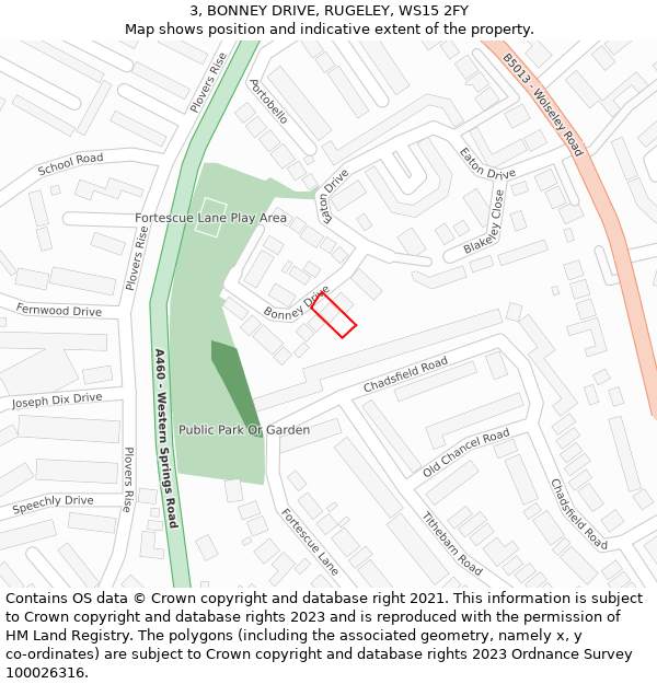 3, BONNEY DRIVE, RUGELEY, WS15 2FY: Location map and indicative extent of plot