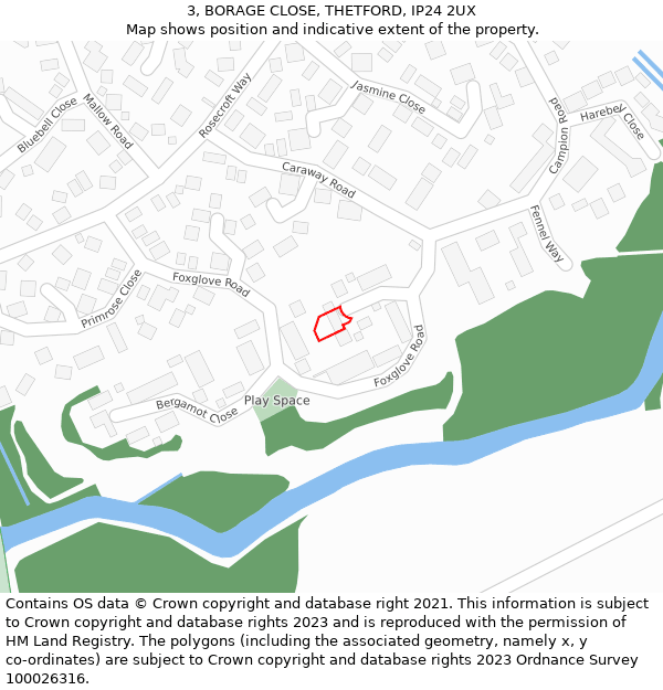 3, BORAGE CLOSE, THETFORD, IP24 2UX: Location map and indicative extent of plot