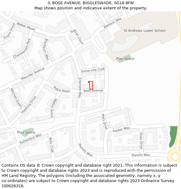 3, BOSE AVENUE, BIGGLESWADE, SG18 8FW: Location map and indicative extent of plot