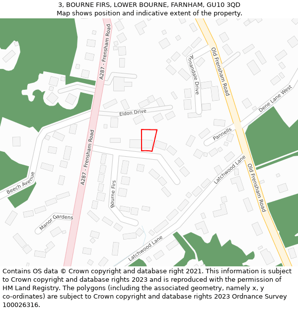 3, BOURNE FIRS, LOWER BOURNE, FARNHAM, GU10 3QD: Location map and indicative extent of plot