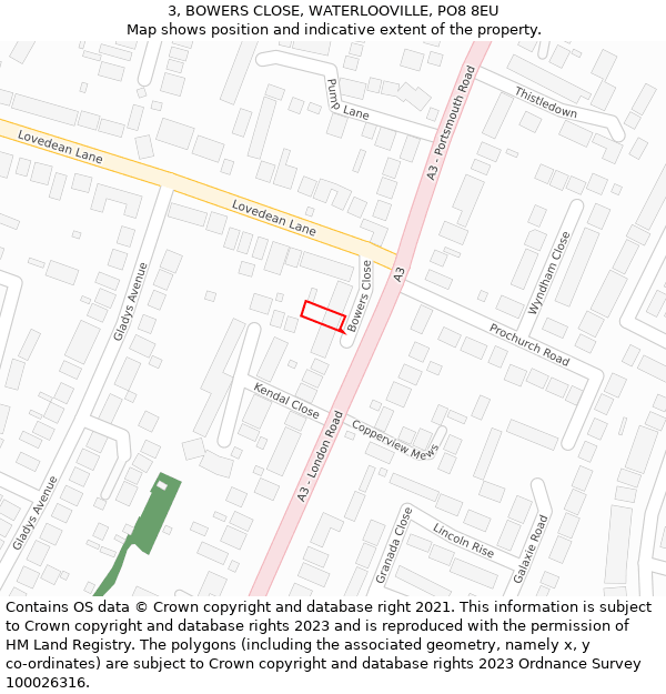 3, BOWERS CLOSE, WATERLOOVILLE, PO8 8EU: Location map and indicative extent of plot