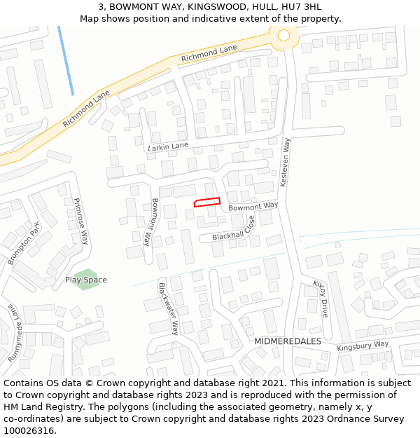 3, BOWMONT WAY, KINGSWOOD, HULL, HU7 3HL: Location map and indicative extent of plot