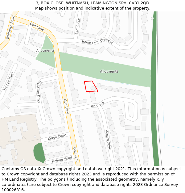 3, BOX CLOSE, WHITNASH, LEAMINGTON SPA, CV31 2QD: Location map and indicative extent of plot