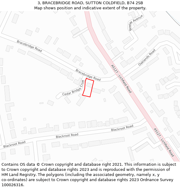 3, BRACEBRIDGE ROAD, SUTTON COLDFIELD, B74 2SB: Location map and indicative extent of plot