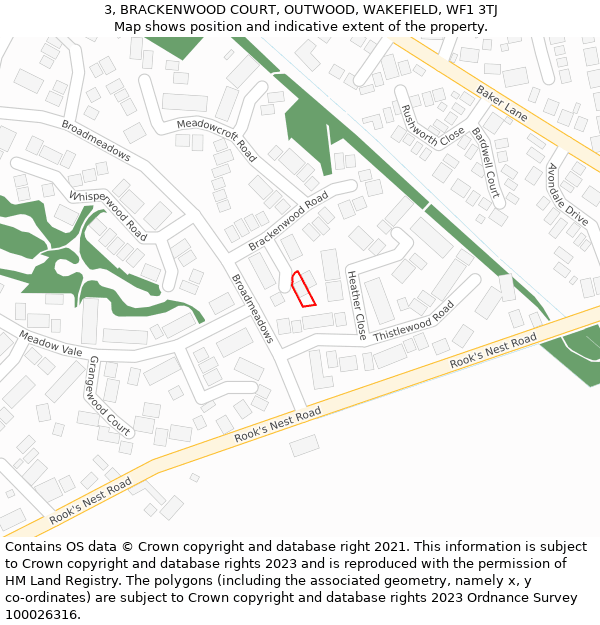 3, BRACKENWOOD COURT, OUTWOOD, WAKEFIELD, WF1 3TJ: Location map and indicative extent of plot