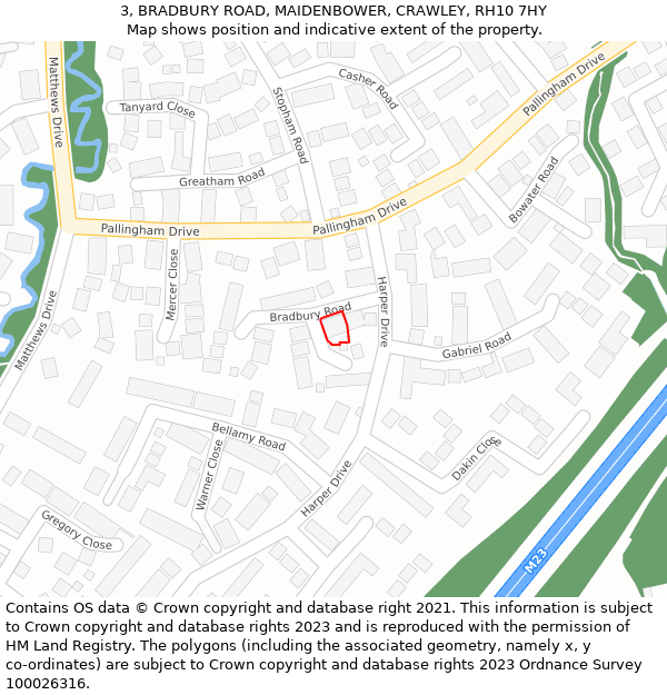 3, BRADBURY ROAD, MAIDENBOWER, CRAWLEY, RH10 7HY: Location map and indicative extent of plot