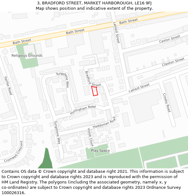 3, BRADFORD STREET, MARKET HARBOROUGH, LE16 9FJ: Location map and indicative extent of plot
