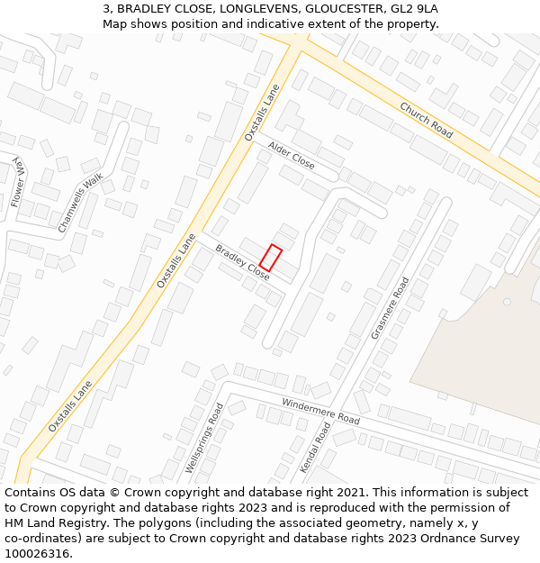 3, BRADLEY CLOSE, LONGLEVENS, GLOUCESTER, GL2 9LA: Location map and indicative extent of plot