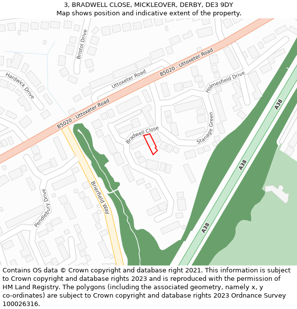 3, BRADWELL CLOSE, MICKLEOVER, DERBY, DE3 9DY: Location map and indicative extent of plot