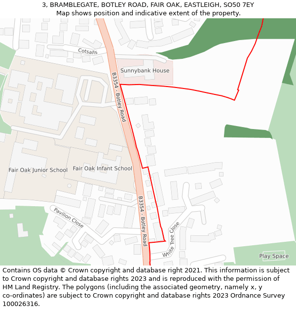 3, BRAMBLEGATE, BOTLEY ROAD, FAIR OAK, EASTLEIGH, SO50 7EY: Location map and indicative extent of plot