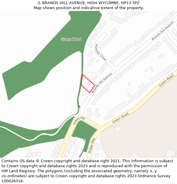 3, BRANDS HILL AVENUE, HIGH WYCOMBE, HP13 5PZ: Location map and indicative extent of plot