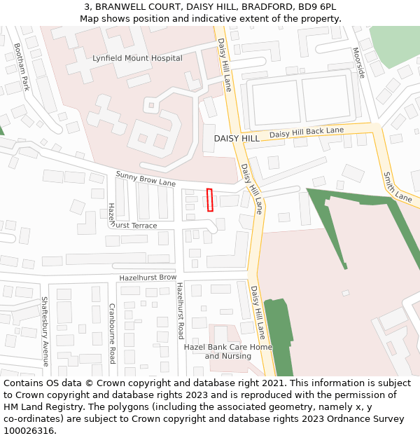 3, BRANWELL COURT, DAISY HILL, BRADFORD, BD9 6PL: Location map and indicative extent of plot