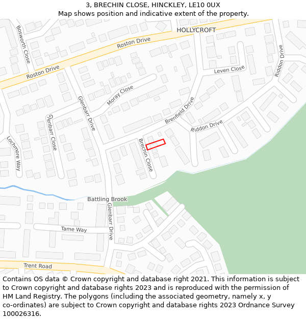 3, BRECHIN CLOSE, HINCKLEY, LE10 0UX: Location map and indicative extent of plot