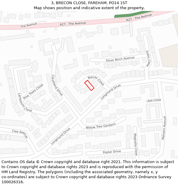 3, BRECON CLOSE, FAREHAM, PO14 1ST: Location map and indicative extent of plot