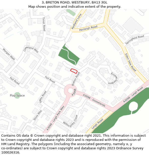 3, BRETON ROAD, WESTBURY, BA13 3GL: Location map and indicative extent of plot
