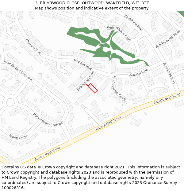 3, BRIARWOOD CLOSE, OUTWOOD, WAKEFIELD, WF1 3TZ: Location map and indicative extent of plot