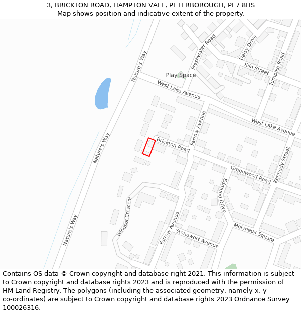 3, BRICKTON ROAD, HAMPTON VALE, PETERBOROUGH, PE7 8HS: Location map and indicative extent of plot