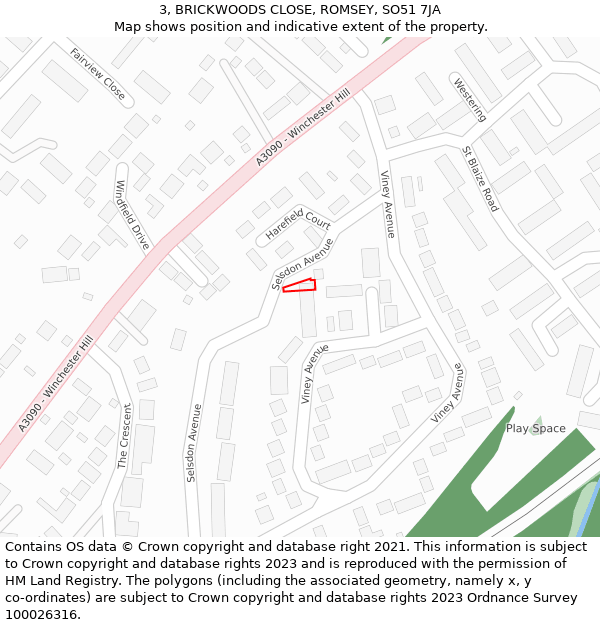 3, BRICKWOODS CLOSE, ROMSEY, SO51 7JA: Location map and indicative extent of plot