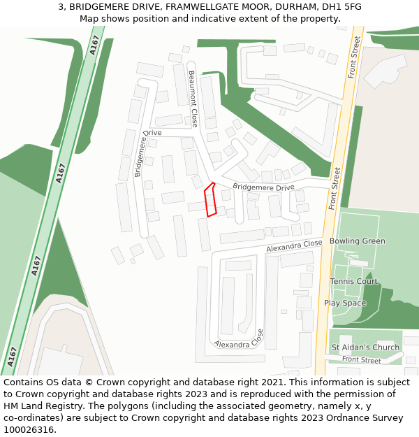 3, BRIDGEMERE DRIVE, FRAMWELLGATE MOOR, DURHAM, DH1 5FG: Location map and indicative extent of plot
