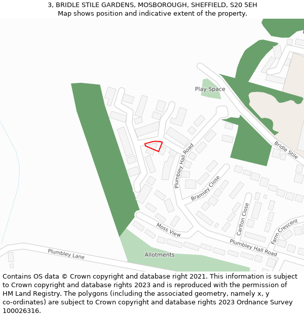 3, BRIDLE STILE GARDENS, MOSBOROUGH, SHEFFIELD, S20 5EH: Location map and indicative extent of plot