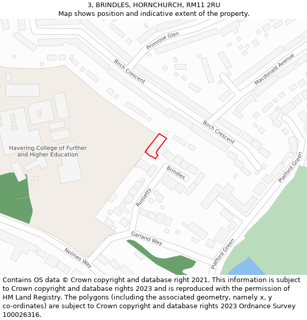 3, BRINDLES, HORNCHURCH, RM11 2RU: Location map and indicative extent of plot