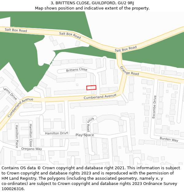 3, BRITTENS CLOSE, GUILDFORD, GU2 9RJ: Location map and indicative extent of plot