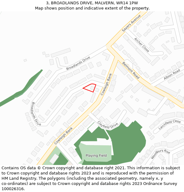3, BROADLANDS DRIVE, MALVERN, WR14 1PW: Location map and indicative extent of plot