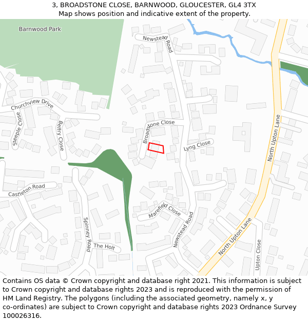 3, BROADSTONE CLOSE, BARNWOOD, GLOUCESTER, GL4 3TX: Location map and indicative extent of plot