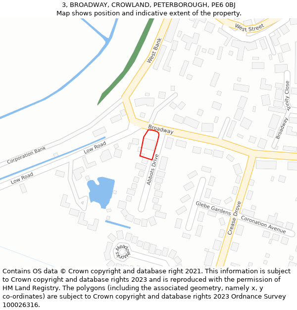 3, BROADWAY, CROWLAND, PETERBOROUGH, PE6 0BJ: Location map and indicative extent of plot