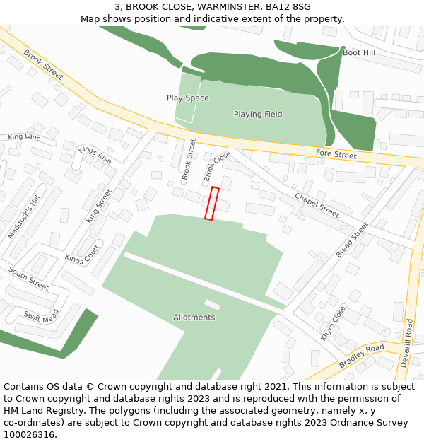 3, BROOK CLOSE, WARMINSTER, BA12 8SG: Location map and indicative extent of plot