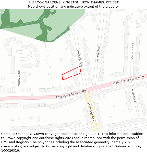 3, BROOK GARDENS, KINGSTON UPON THAMES, KT2 7ET: Location map and indicative extent of plot
